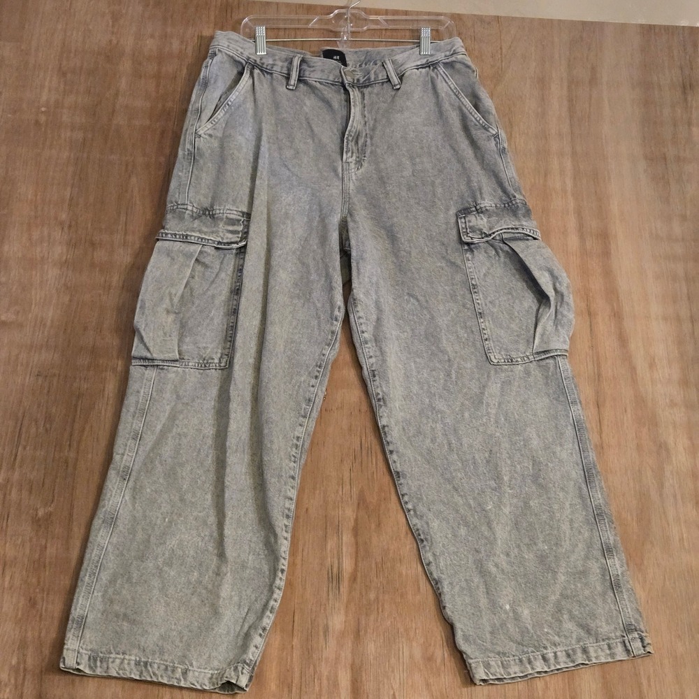 Baggy Fit Cargo Jeans Mens 34x32 Gray Acid Wash Wide Leg Denim Jean Skater Urban